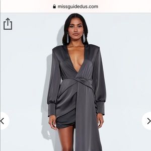 gray satin wrap front drape mini dress